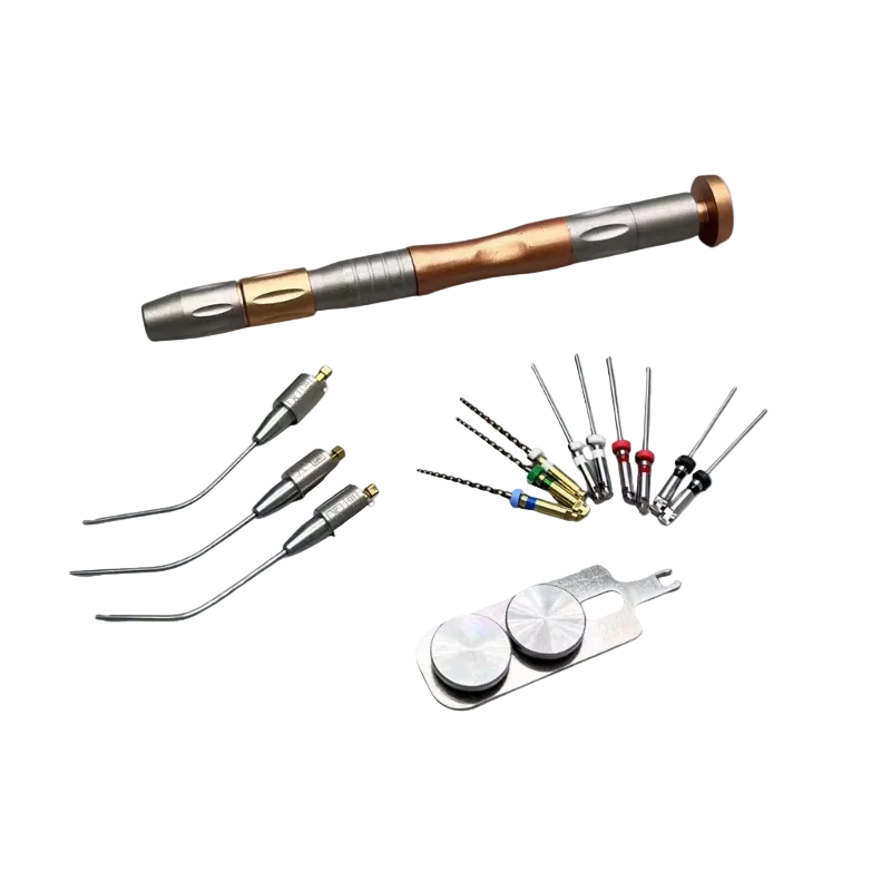 Set of medical tools including a pen-like device, needles, and other components on a gray background