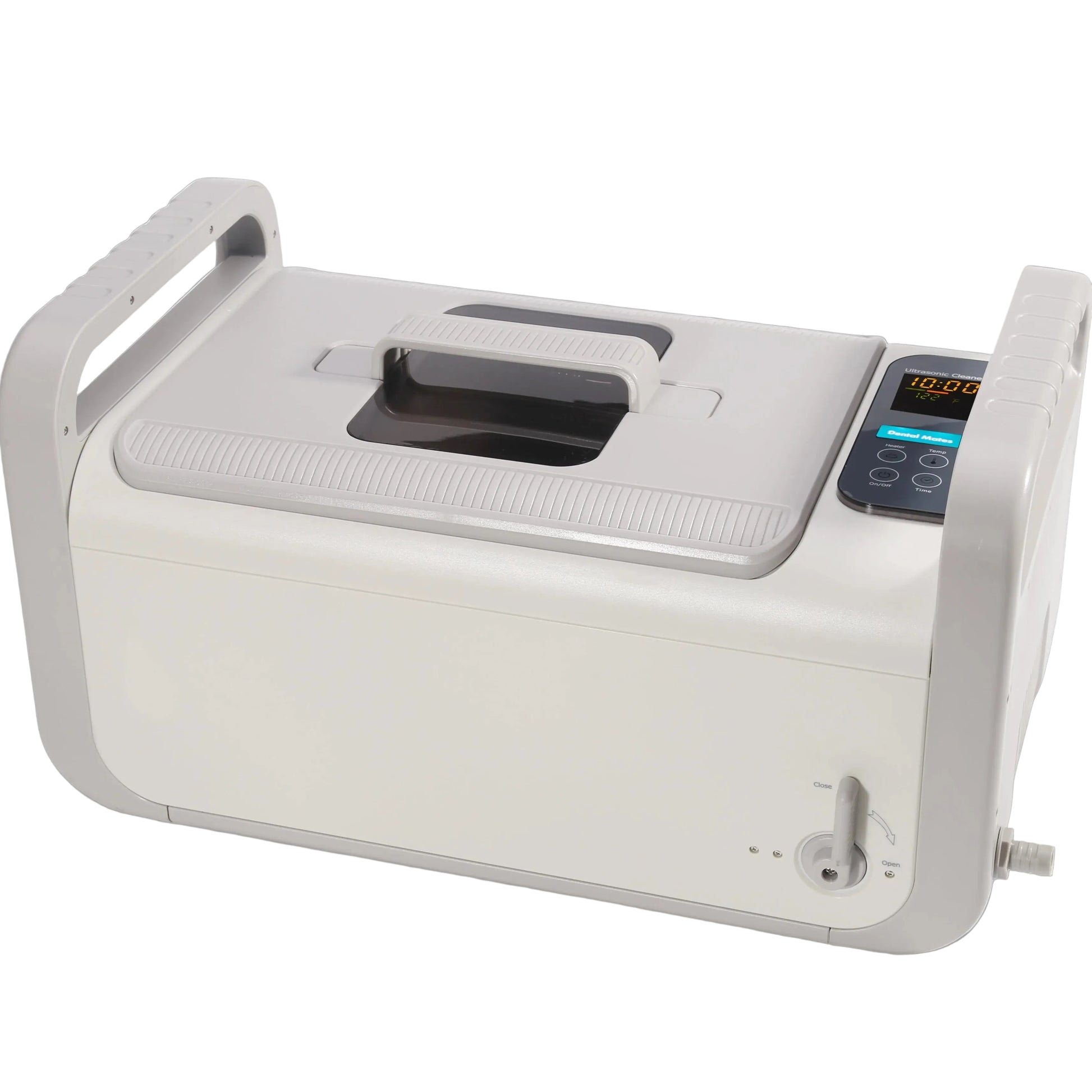 White medical device with digital display on a gray background