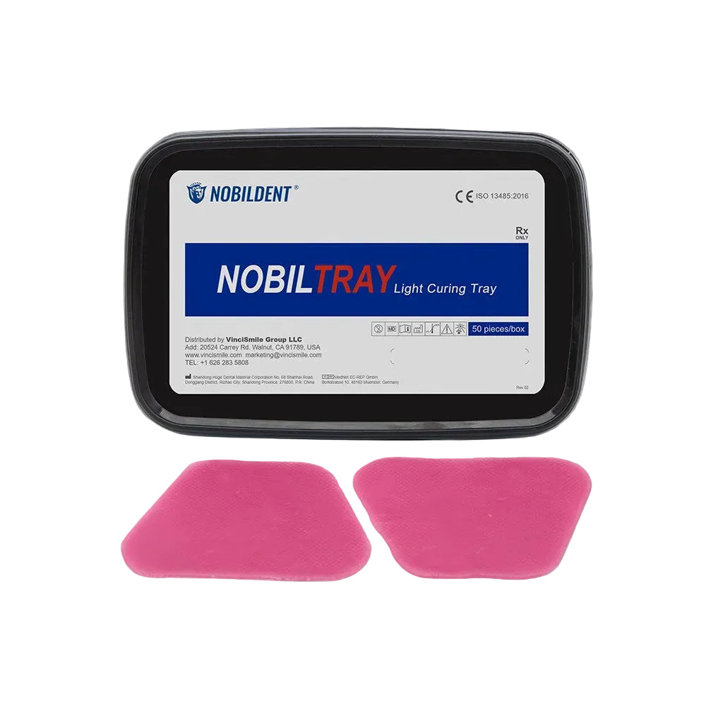 NobilDent Nobiltray light curing tray with pink straps on a gray background