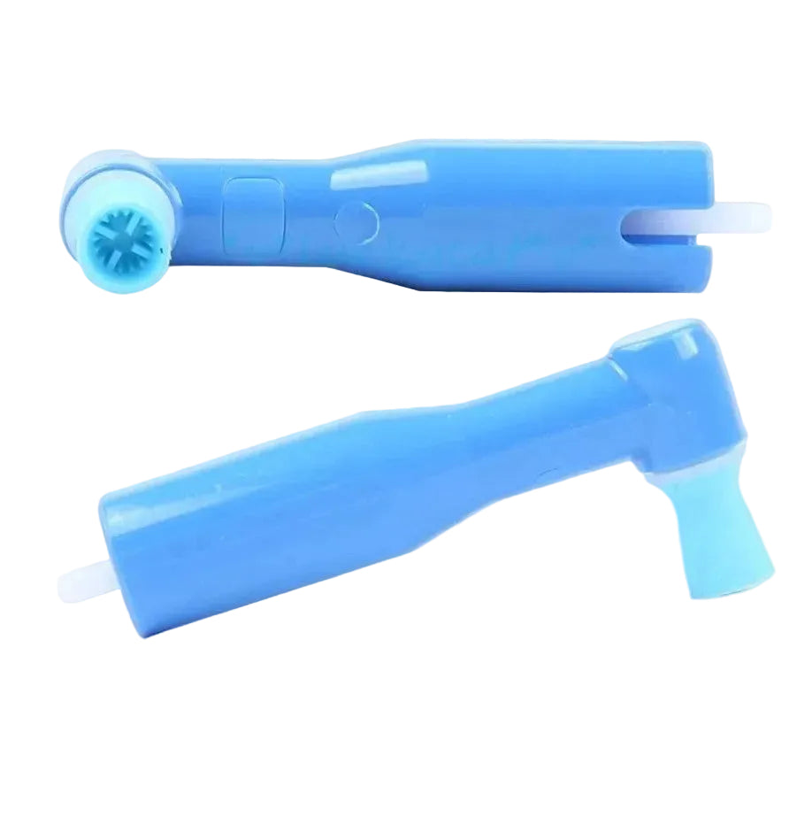 Two blue dental tools on a gray background