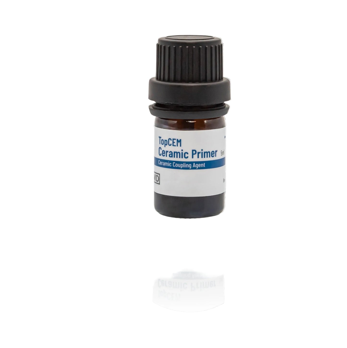 A small amber glass bottle of TopCEM Ceramic Primer with a black ribbed cap and a white label, shown on a light gray background with a reflection below.
