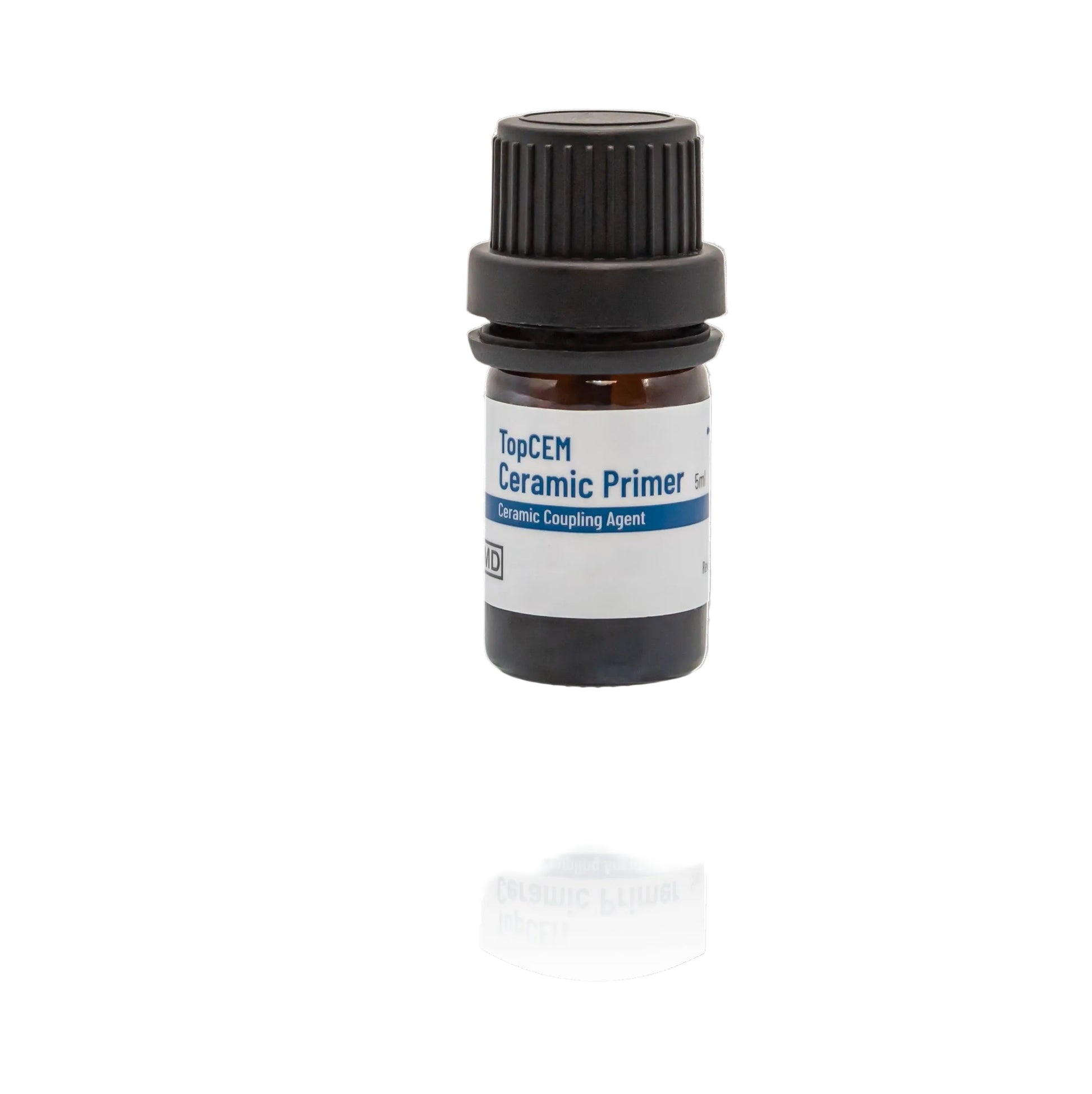 A small amber glass bottle of TopCEM Ceramic Primer with a black ribbed cap and a white label, shown on a light gray background with a reflection below.